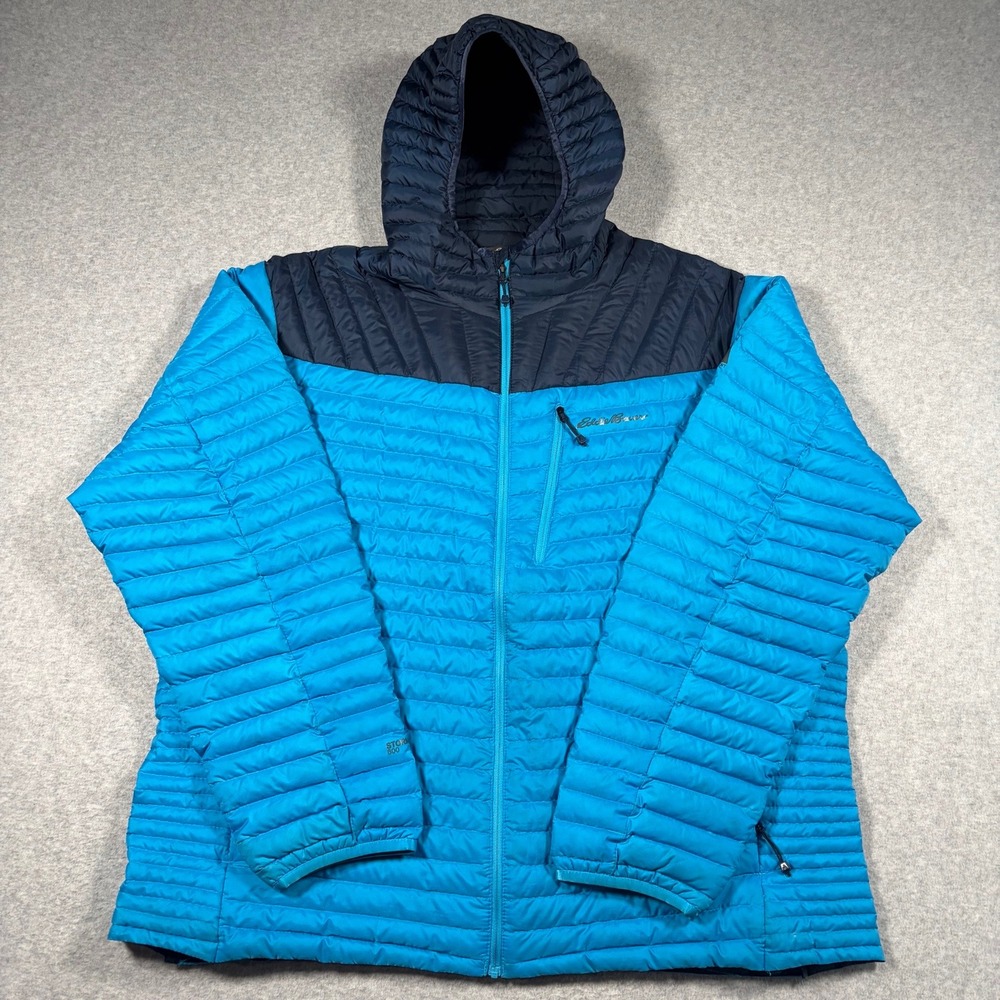 Eddie Bauer StormDown 800 Hooded Puffer Jacket Men 2XL Blue Navy Colorblock